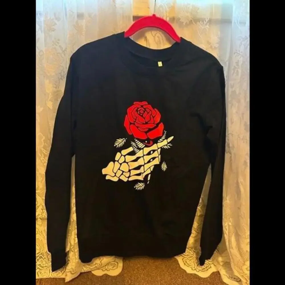 Skeleton Hand and Red Rose Floral Skull Pullover Hoodie - Picture 1 of 1